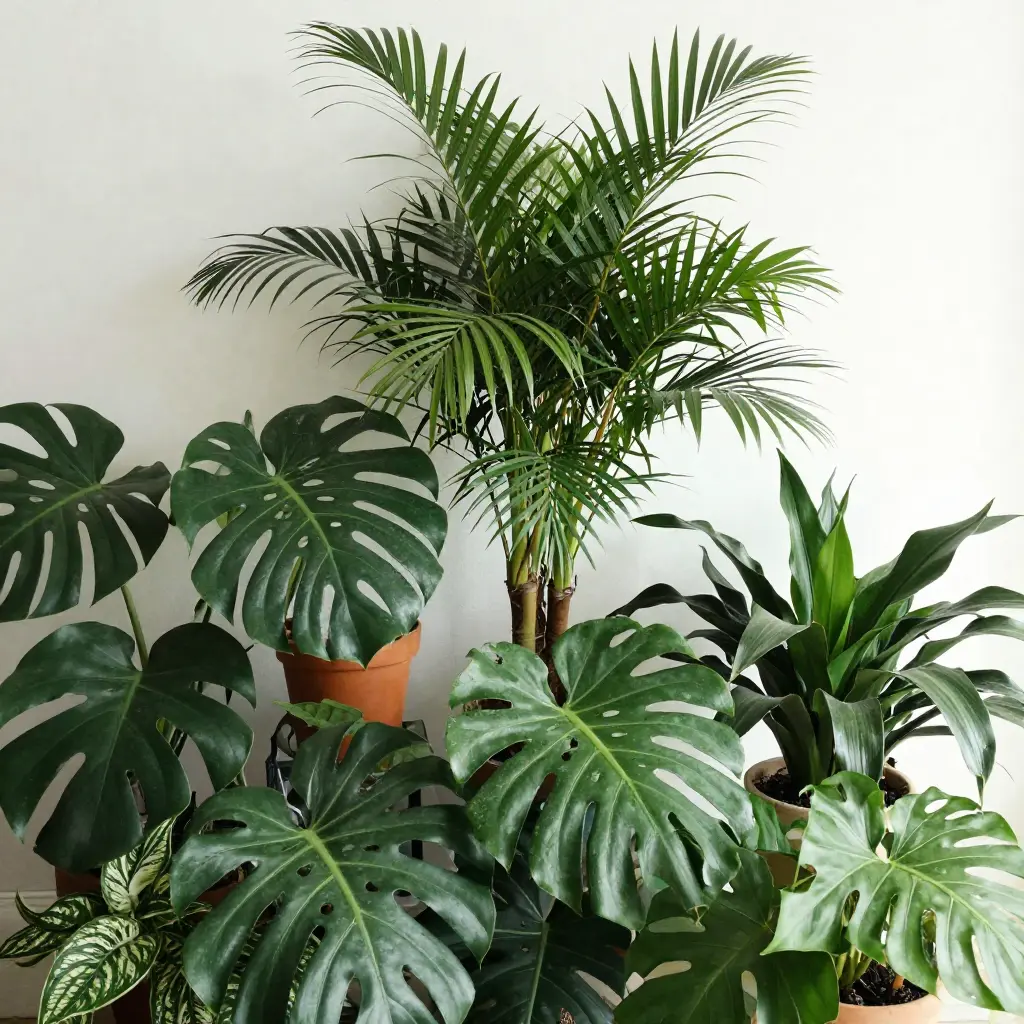 Beautiful indoor plants arrangement with lush green foliage