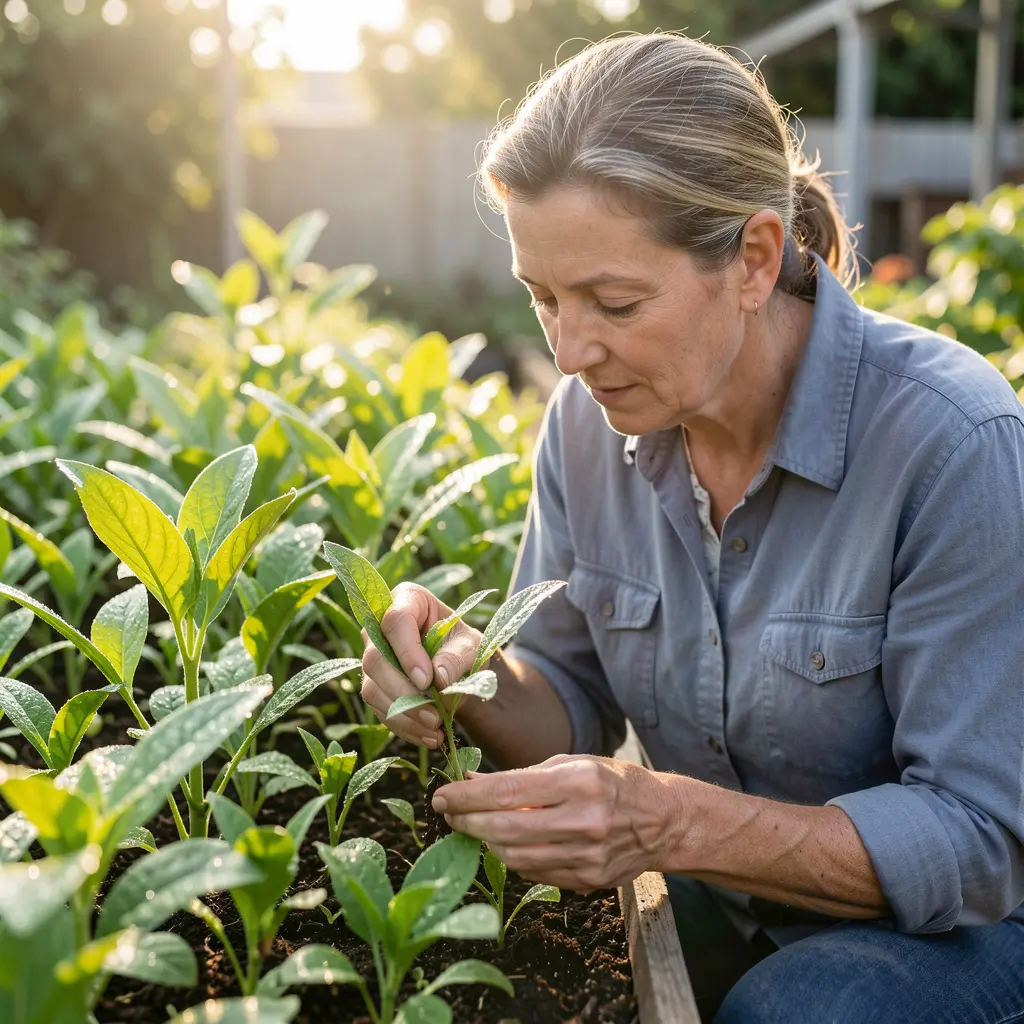 Plant specialist carefully examining healthy green plants