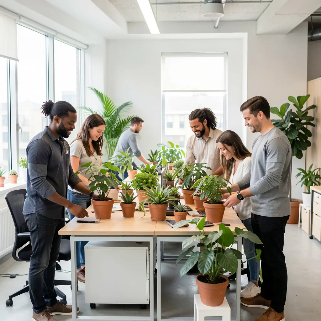 Team members working with various indoor plants